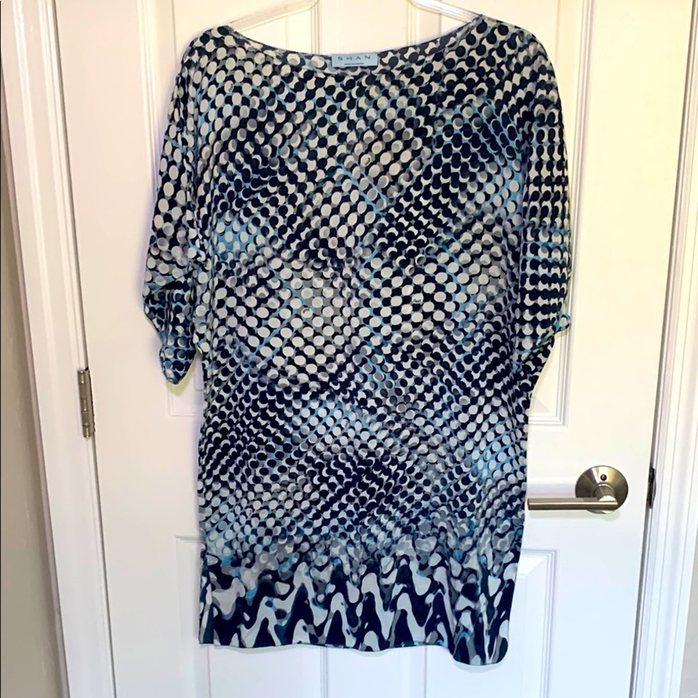 Shan silk tunic blouse blue gray and white